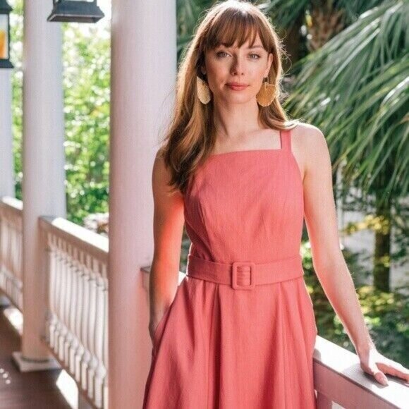 Gal Meets Glam Ruth Pink Linen Square Neck Belted Summer Dress Size 8P - Picture 2 of 9